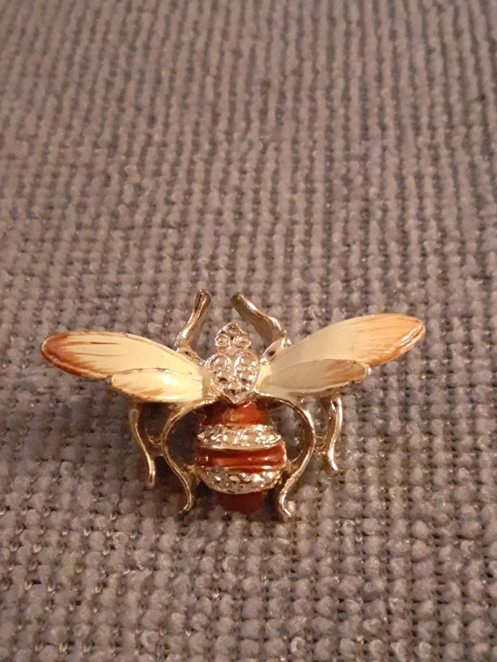 Gold Tone Bee Brooch with Enamel Wings and Red Stripes